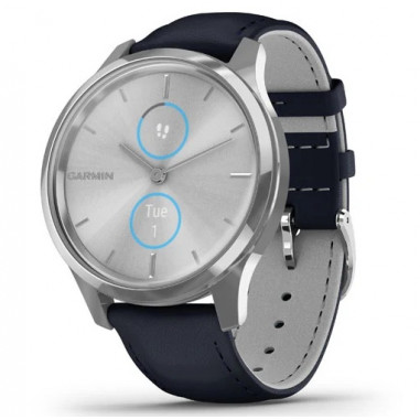 Garmin Vivomove Luxe Silver Stainless Steel Case with Navy Italian Leather Band
