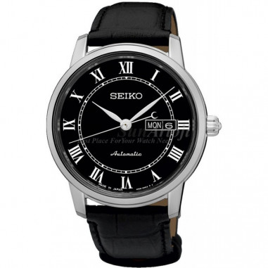 Seiko SRP765J2 Automatic Day and Date Black Dial Black Leather Strap