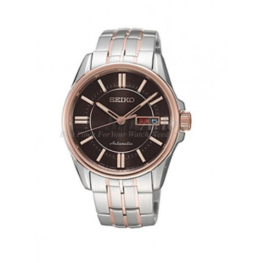 Seiko SRP406J Automatic Day Date Black Dial Rose Gold Bezel Stainless