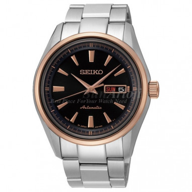 Seiko SRP534J Automatic Day Date Black Dial Rose Gold Bezel Stainless