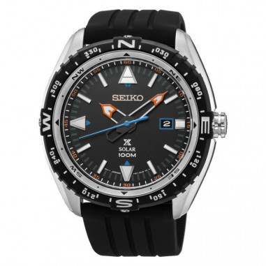 Seiko SNE423P1 Prospex  Solar World Time Black Dial Black Rubber Strap