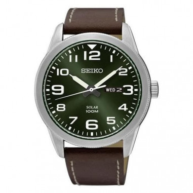 Seiko Solar SNE473P1 Men Green Dial Brown Leather Strap