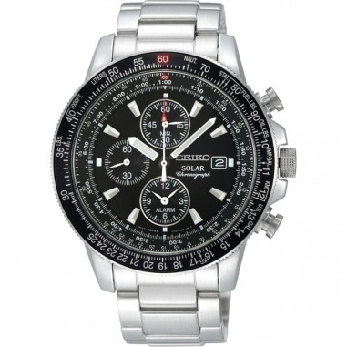 Seiko Solar Chronograph SSC009P1 Dual Time Black Dial Silver Bracelet Watch