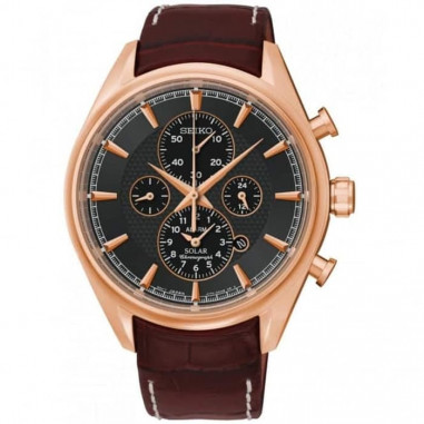 Seiko Solar SSC212P1 Men Chronograph Black Dial Brown Genuine Leather