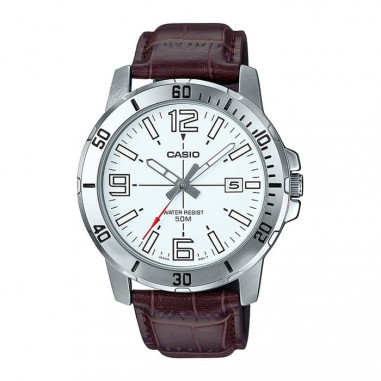 Casio General MTP-VD01L-7BVUDF Analog Men White Dial Brown Leather Strap