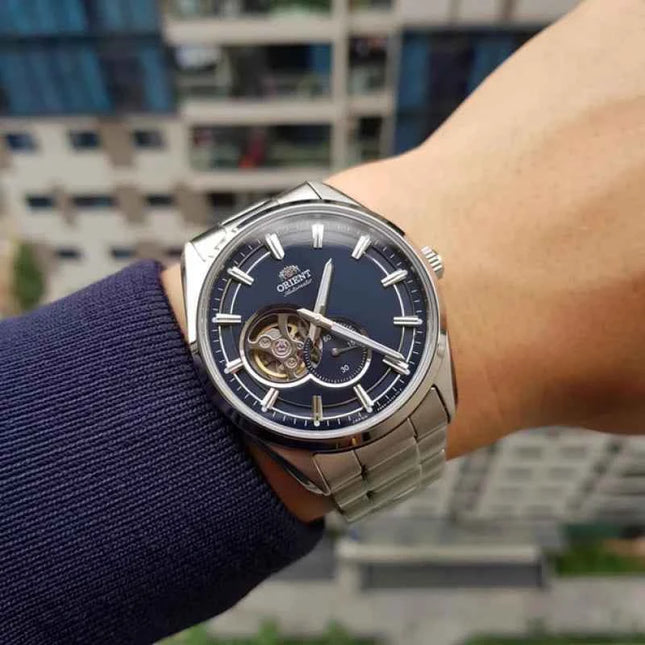 Orient Contemporary RA-AR0003L Men Automatic Open Heart Blue Dial Metal Strap