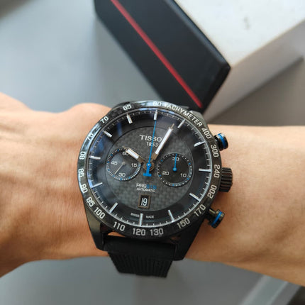 Preloved - Tissot PRS 516 45mm T-Sport T100.427.36.201.00 Automatic Chronograph Black Carbon Dial Leather Strap
