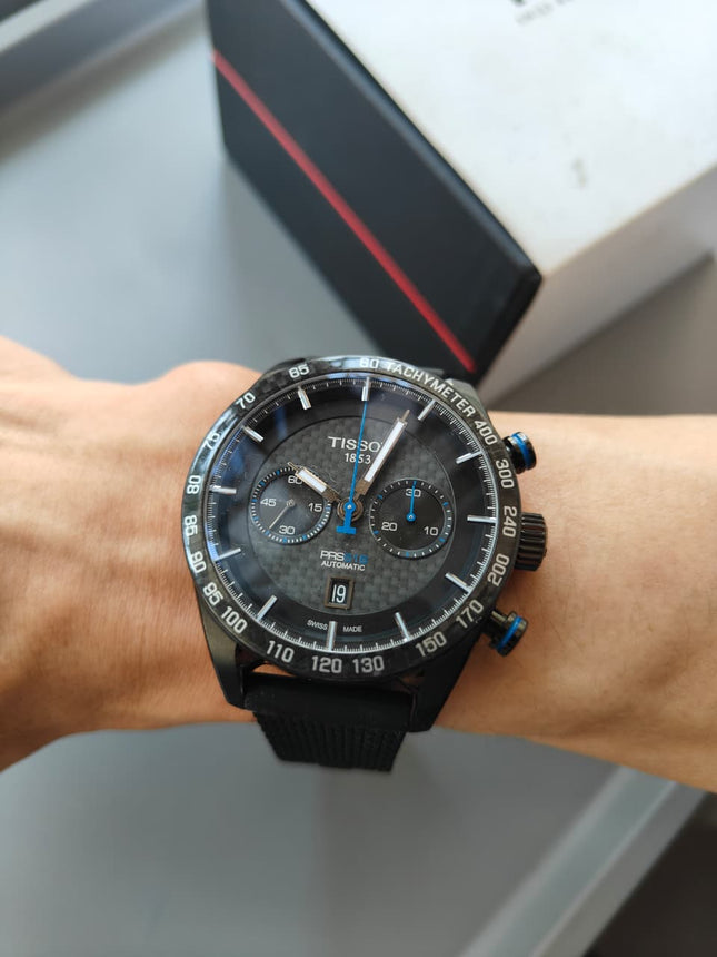 Preloved - Tissot PRS 516 45mm T-Sport T100.427.36.201.00 Automatic Chronograph Black Carbon Dial Leather Strap