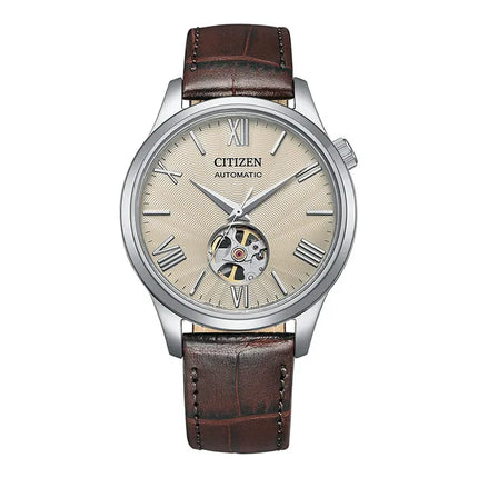 Citizen Mechanical NH9130-17A Men Open Heart Beige Dial Brown Leather Strap