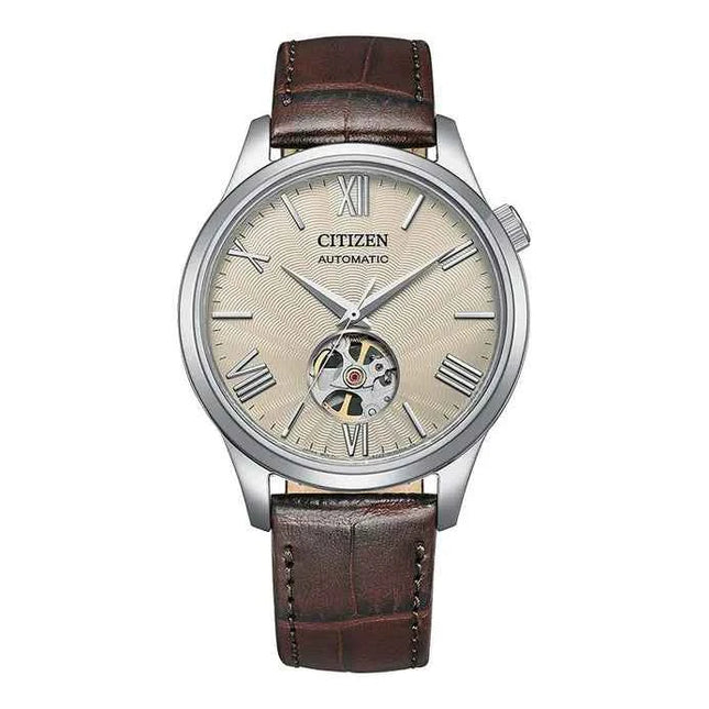 Citizen Mechanical NH9130-17A Men Open Heart Beige Dial Brown Leather Strap