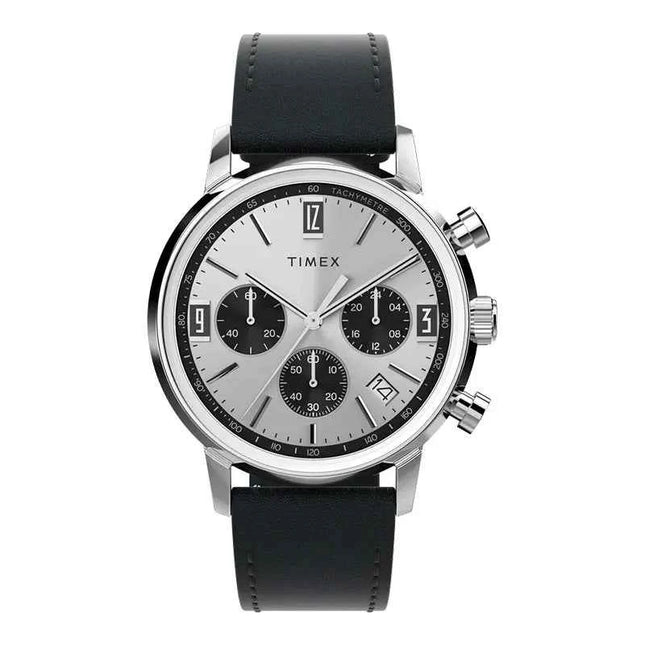 Timex Marlin TW2W10300 Chronograph Tachymeter Silver Dial Black Leather Strap