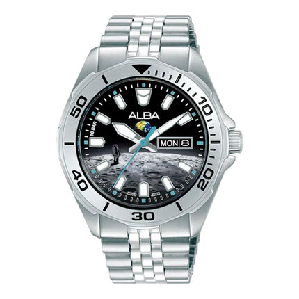 Alba Active Planet Series AV3591X2 Men Moon Graphic Dial Stainless Steel Strap