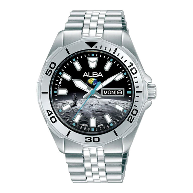 Alba Active Planet Series AV3591X2 Men Moon Graphic Dial Stainless Steel Strap