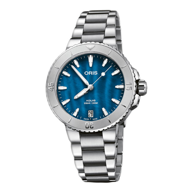 Oris Aquis 01-733-7770-4155-07-8-18-05P Date Ladies Blue Mother Of Pearl Dial Stainless Steel Strap
