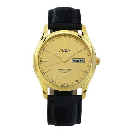 Alba AXND62X1 Men Gold Dial Gold Case Black Leather Strap
