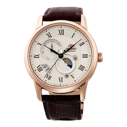 Orient Classic RA-AK0007S Sophisticated Sun & Moon Textured Ivory Dial Brown Leather Strap