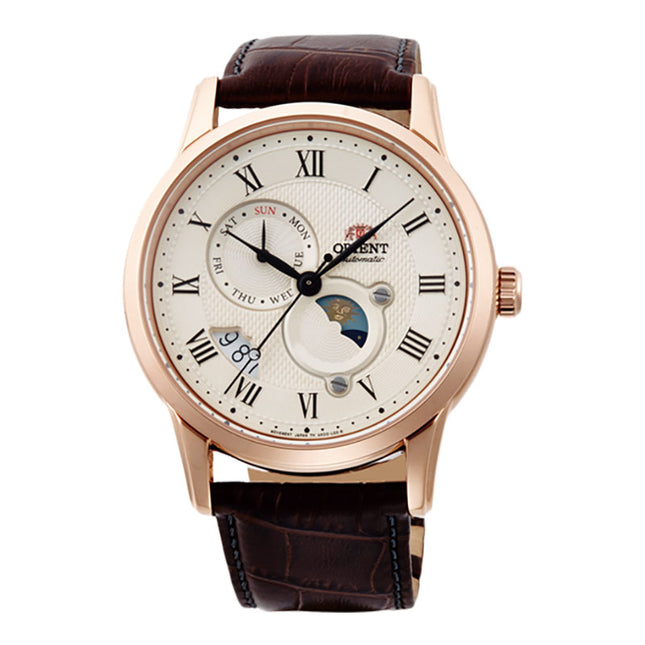 Orient Classic RA-AK0007S Sophisticated Sun & Moon Textured Ivory Dial Brown Leather Strap