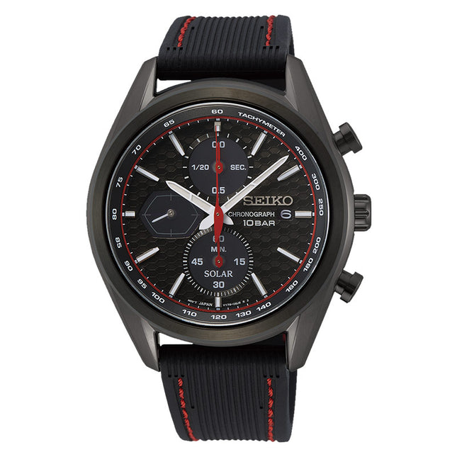 Seiko Chronograph SSC777P1 Solar Men Black Dial Black Rubber Strap