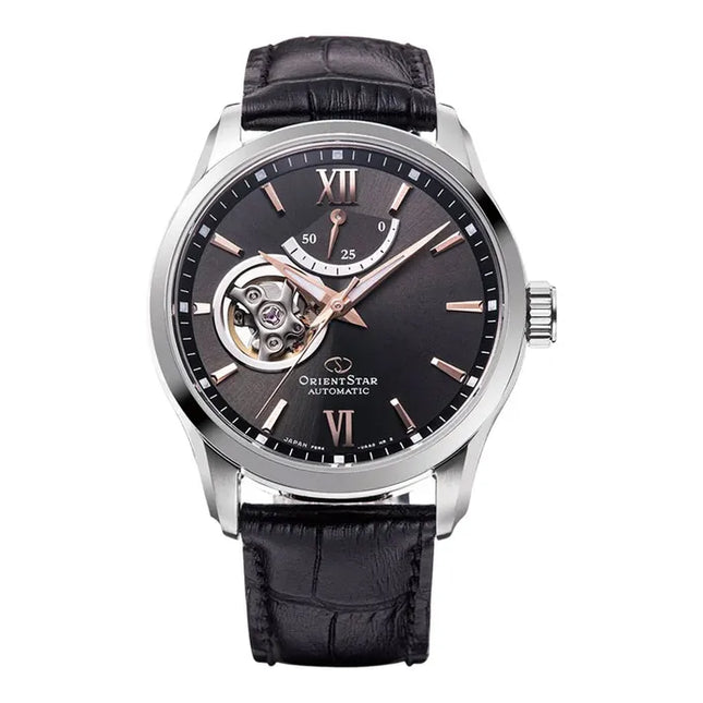 Orient Star Contemporary RE-AT0007N Mechanical Men Open Heart Black Dial Black Leather Strap