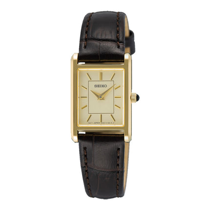Seiko Classic SWR110P1 Tank Ladies Gold Dial Dark Brown Leather Strap