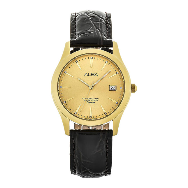 Alba AXHL64X1 Men Gold Dial Black Leather Strap