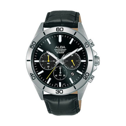 Alba Active AT3H33X1 Chronograph Men Black Dial Black Leather Strap