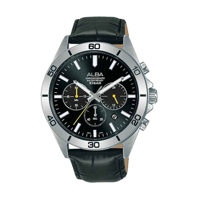 Alba Active AT3H33X1 Chronograph Men Black Dial Black Leather Strap