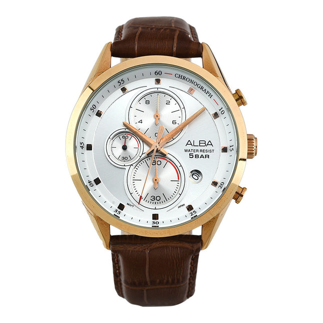 Alba Prestige AM3430X1 Chronograph Men Silver Dial Brown Leather Strap
