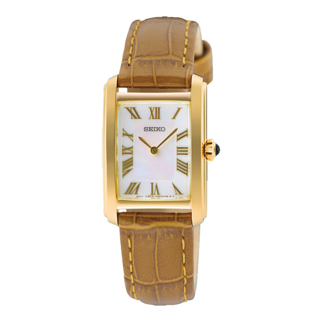 Seiko Classic SWR100P1 Tank Ladies Mother Of Pearl Dial Brown Leather Strap