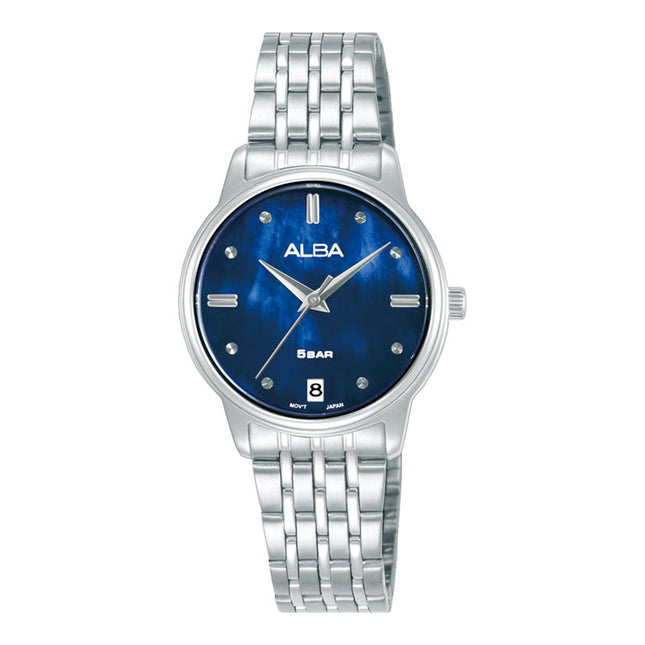 Alba Fashion AG8Q77X1 Ladies Analog Blue Mother of Pearl Dial Stainless Steel Strap