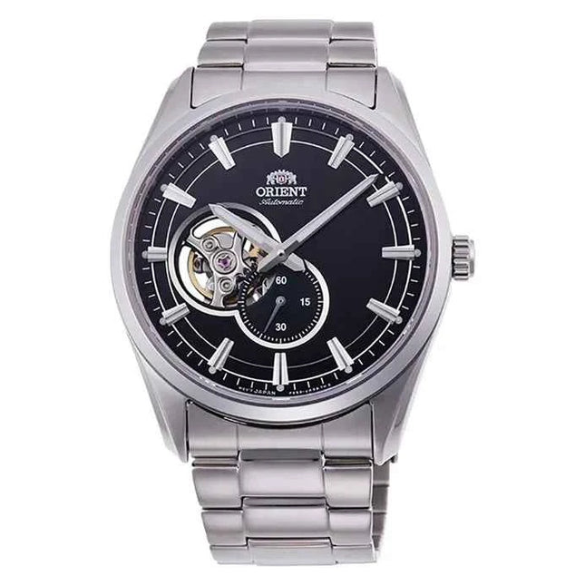 Orient Contemporary RA-AR0002B Semi Skeleton Series Men Open Heart Black Dial Stainless Steel Strap