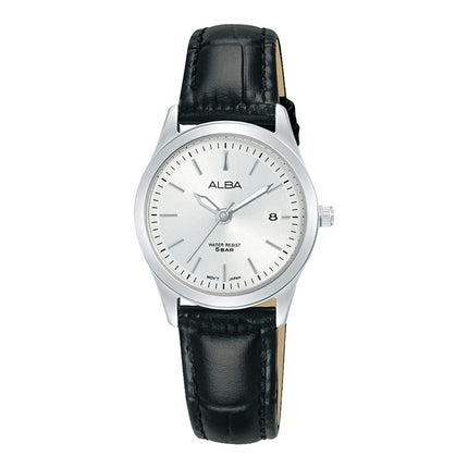 Alba Prestige AH7CG7X1 Ladies Silver White Dial Black Leather Strap