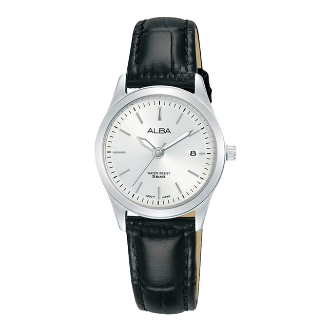 Alba Prestige AH7CG7X1 Ladies Silver White Dial Black Leather Strap
