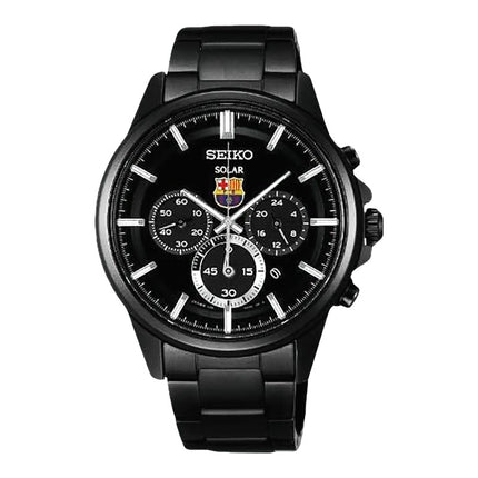 Seiko Solar SBPY049 Spirit FCB Barcelona Black Dial Black Stainless Steel Strap