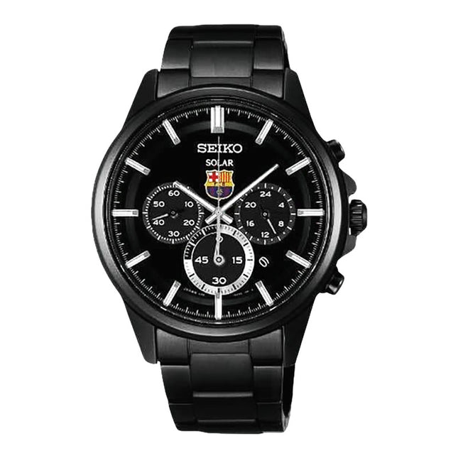 Seiko Solar SBPY049 Spirit FCB Barcelona Black Dial Black Stainless Steel Strap