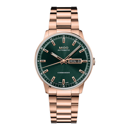 MIDO Commander M021.430.33.091.00 Datoday Automatic Green Dial Rose Gold Stainless Steel Strap