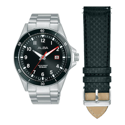 Alba Active AS9V41X2 Men Black Dial Stainless Steel Strap + Extra Strap