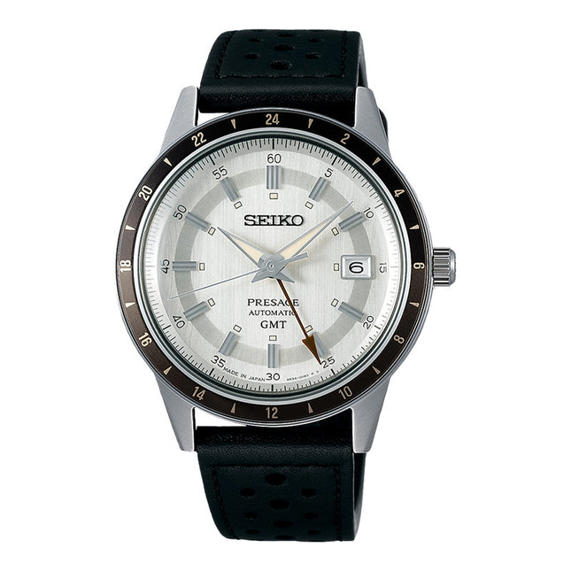 Seiko Presage SSK011J1 Style60s Automatic GMT Grey Dial Black Leather Strap