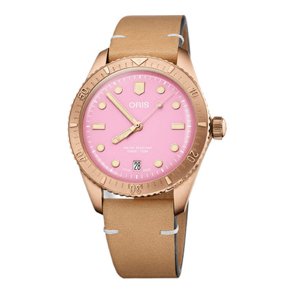 Oris Divers Sixty-Five 01-733-7771-3158-07-5-19-04BR Cotton Candy L. Pink Dial Brown Leather Strap
