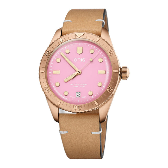 Oris Divers Sixty-Five 01-733-7771-3158-07-5-19-04BR Cotton Candy L. Pink Dial Brown Leather Strap