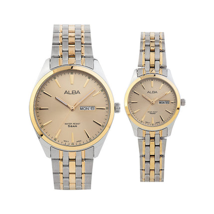 Alba AN8080X1_AJ6184X1 Couple Gold Dial Dual Tone Stainless Steel Strap