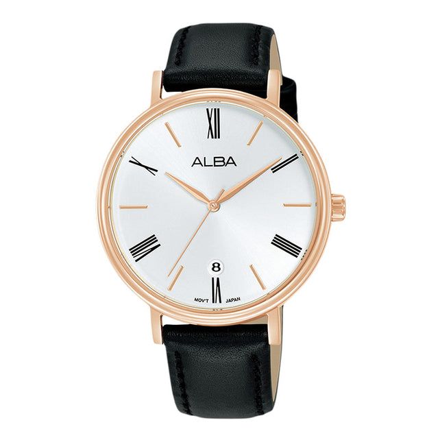 Alba Fashion AG8N88X1 Ladies Silver White Dial Black Leather Strap