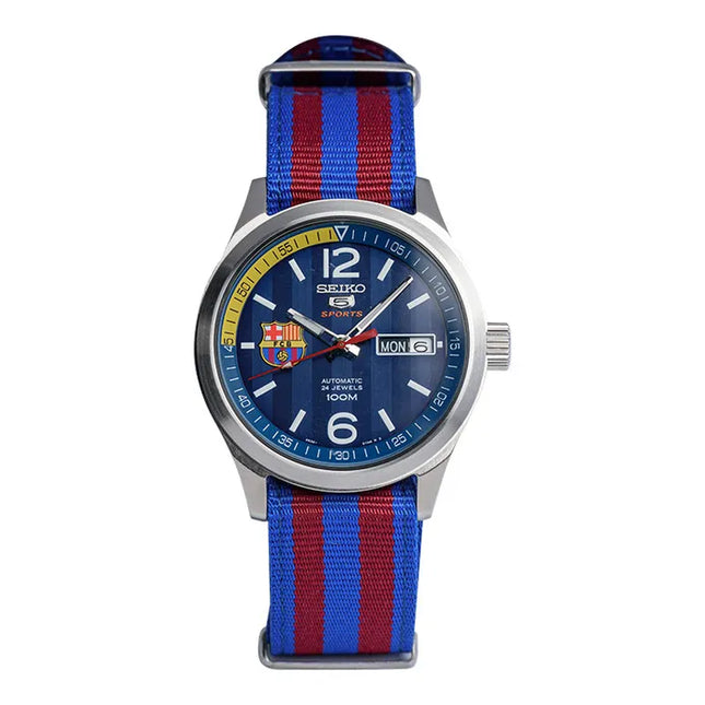 Seiko 5 Sports SRP303K1 Barcelona Blue Dial Dual Tone Nylon Strap