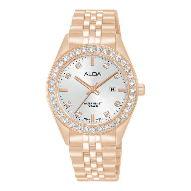 Alba Fashion AH7FD2X1 Ladies Analog Silver Dial Rose Gold Stainless Steel Strap