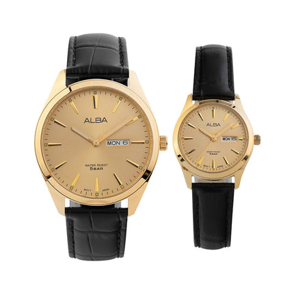 Alba AN8092X1_AJ6196X1 Couple Gold Dial Black Leather Strap