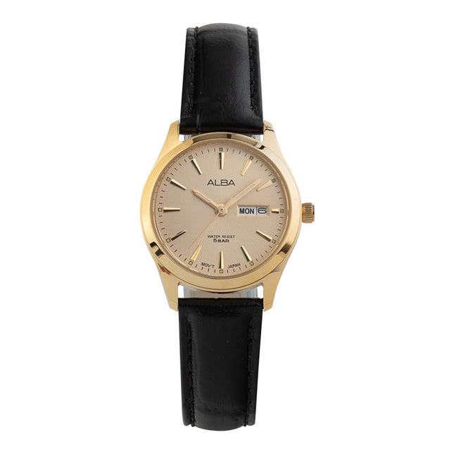 Alba AN8092X1 Ladies Gold Dial Black Leather Strap