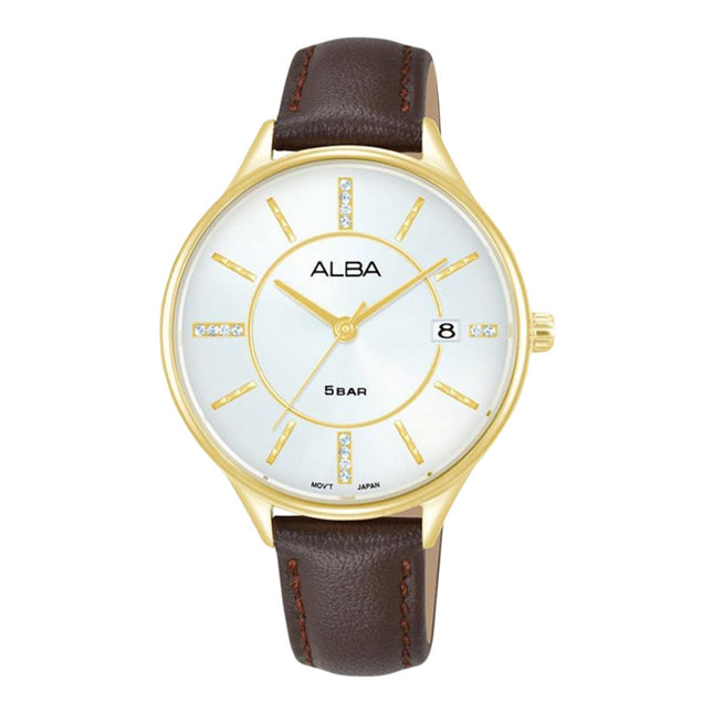 Alba Fashion AG8Q58X1 Ladies Silver White Dial Dark Brown Leather Strap