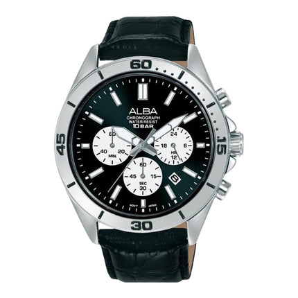 Alba Active AT3K87X1 Men Chronograph Black Dial Black Leather Strap