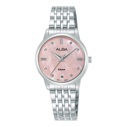 Alba Fashion AG8Q79X1 Ladies Analog Pink Mother of Pearl Dial Stainless Steel Strap