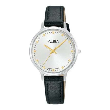 Alba Fashion ARX155X1 Ladies Silver White Dial Black Leather Strap